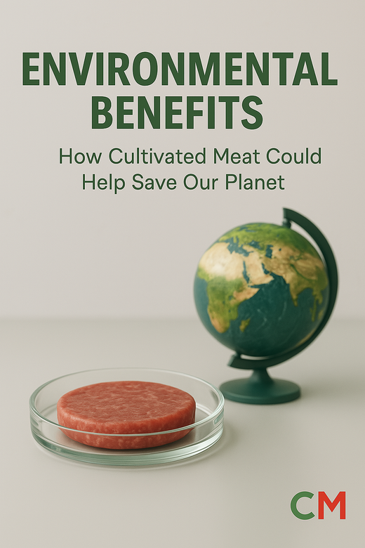 Environmental benefits of cultivated meat featuring a globe and petri dish with text about saving our planet