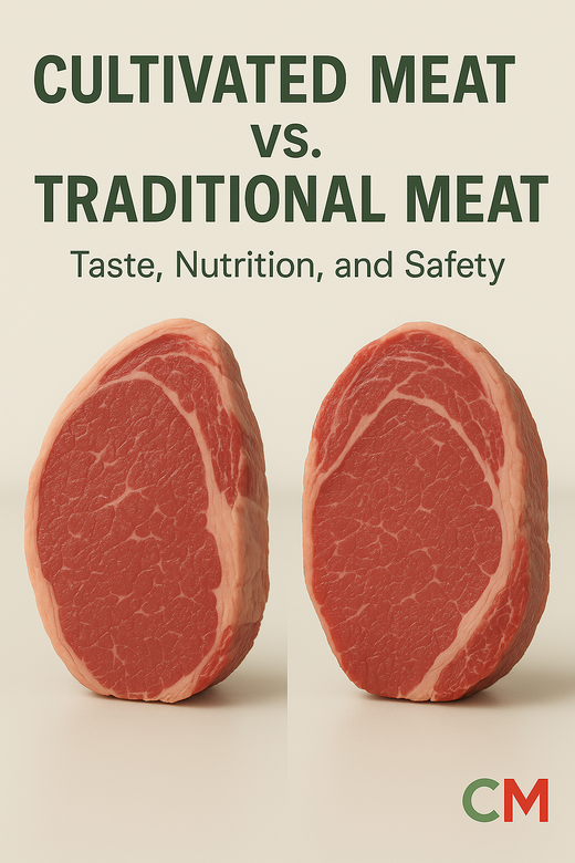 Cultivated meat vs traditional meat comparison showing two identical steaks with text about taste, nutrition, and safety