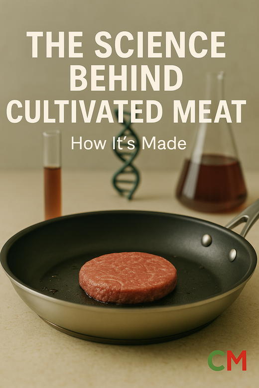 The science behind cultivated meat showing burger patty in pan with laboratory equipment and DNA helix
