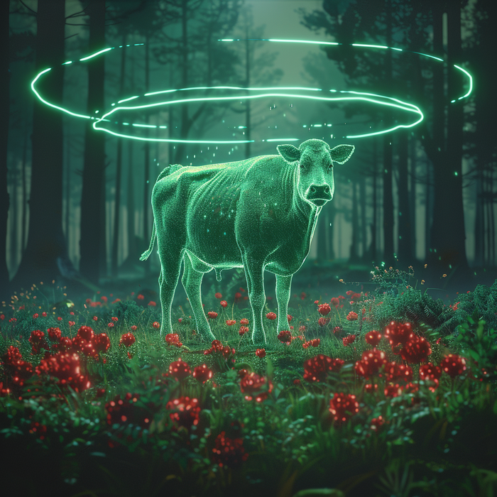 Glowing animal figure in a futuristic forest clearing symbolising freedom from animal suffering through cultivated meat