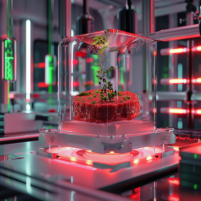Cultivated meat steak forming inside a futuristic bioreactor with glowing green nutrient tubes